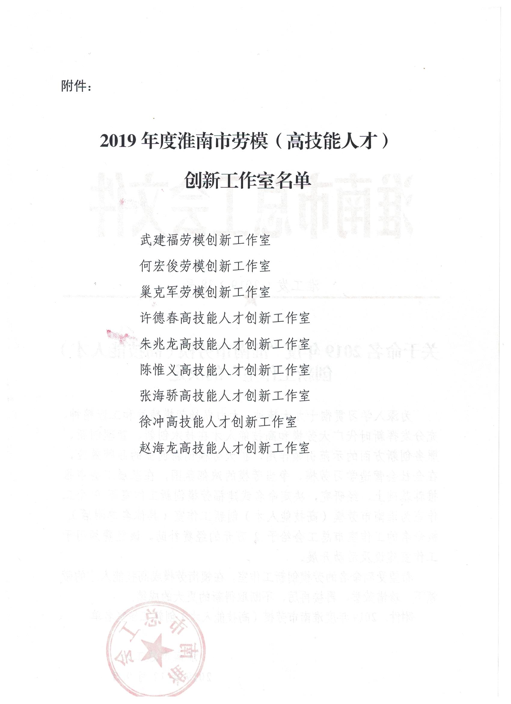 2019年度淮南市勞模（高技能人才）創(chuàng)新工作室名單：巢克軍勞模創(chuàng)新工作室